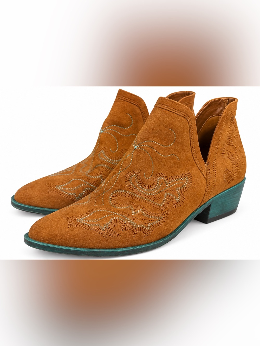 Jolimall Cognac & Teal Embroidered Western Ankle Boots (Size Runs Small)
